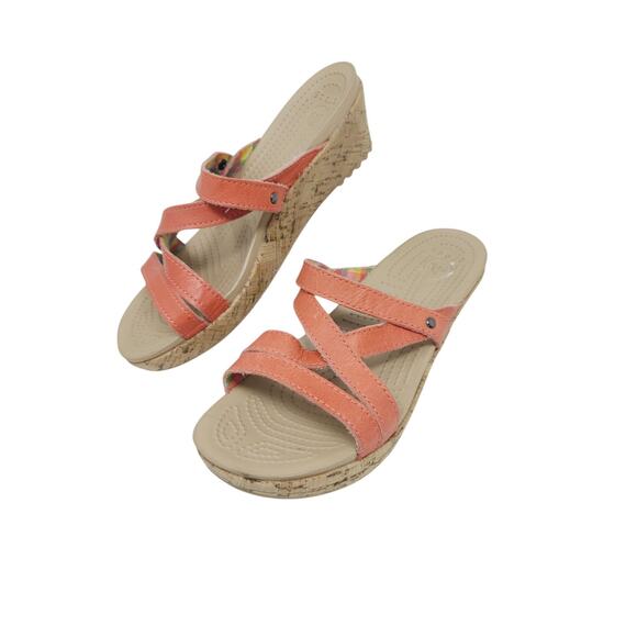 Crocs Womens A Leigh Wedge Sandals 8 Coral Pink Leather Strappy Cork Heels - Picture 11 of 11